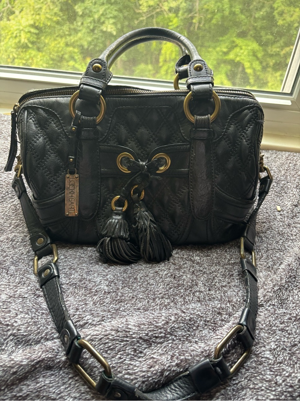Lucky Brand Black Quilted Leather Satchel with Tassels and Gold Hardware